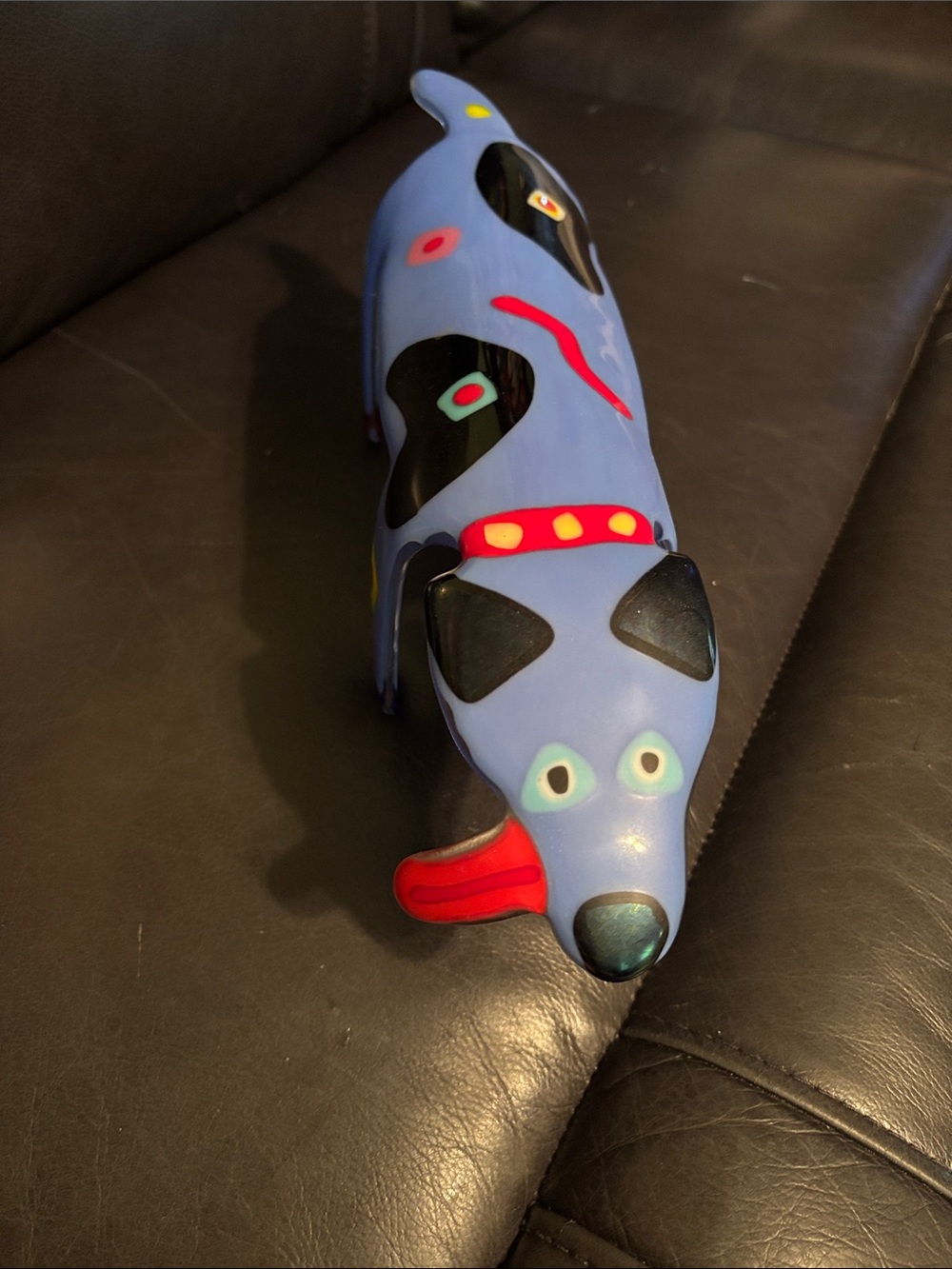 Blue Glass Dog Figurine with Red Accent - Contemporary Home Art